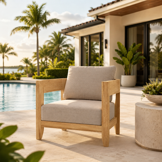 Wooden armchair with beige cushions on a patio by a poolside, with palm trees and a house in the background.