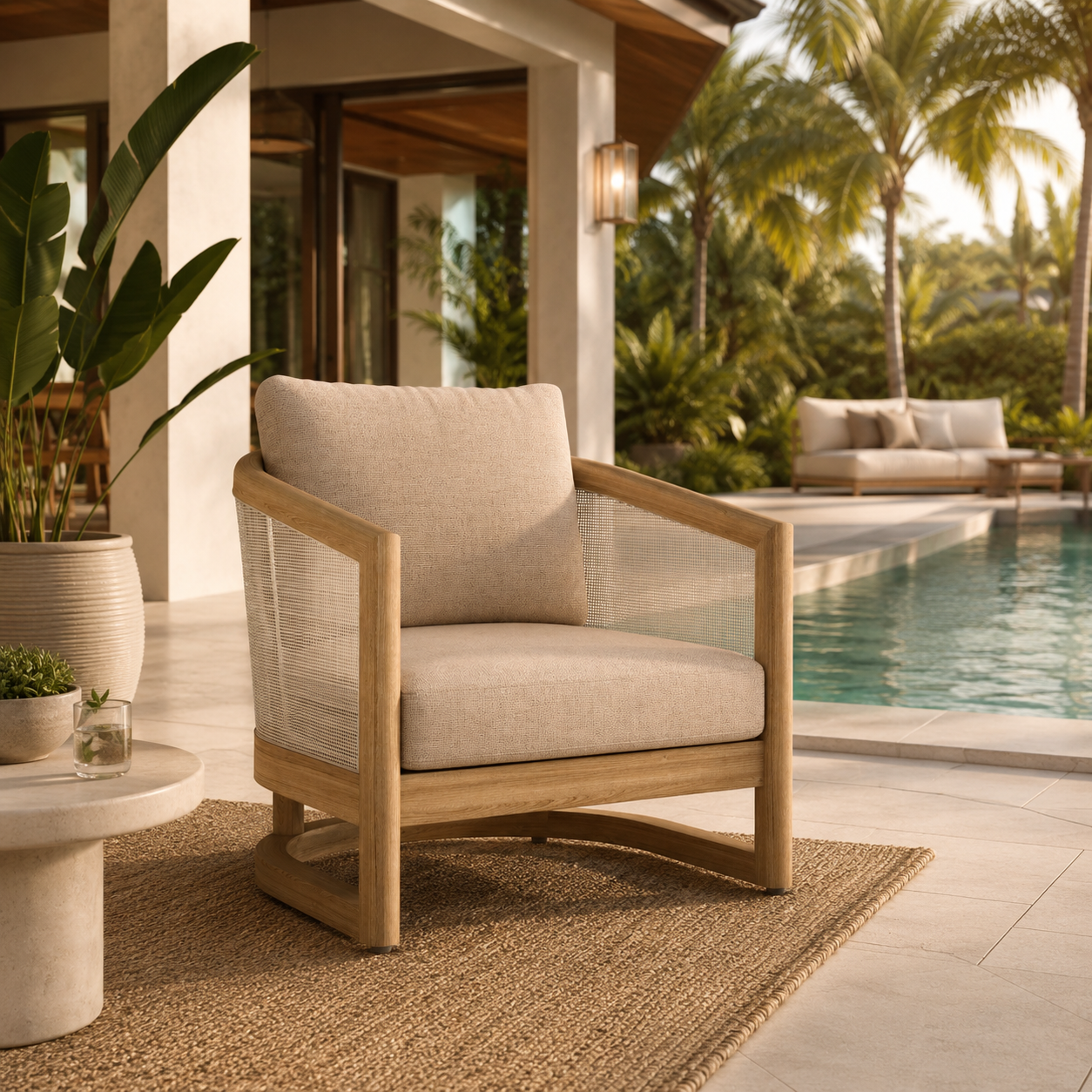 Beige outdoor armchair with wooden frame near a poolside setting
