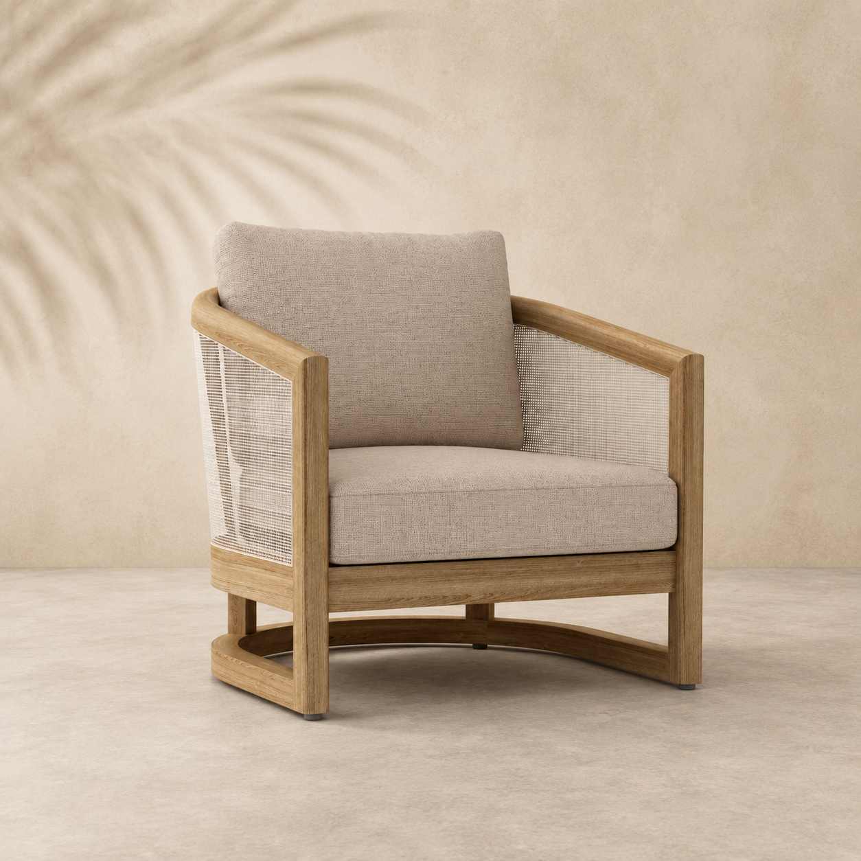 Beige armchair with wooden frame and cushion on a neutral background