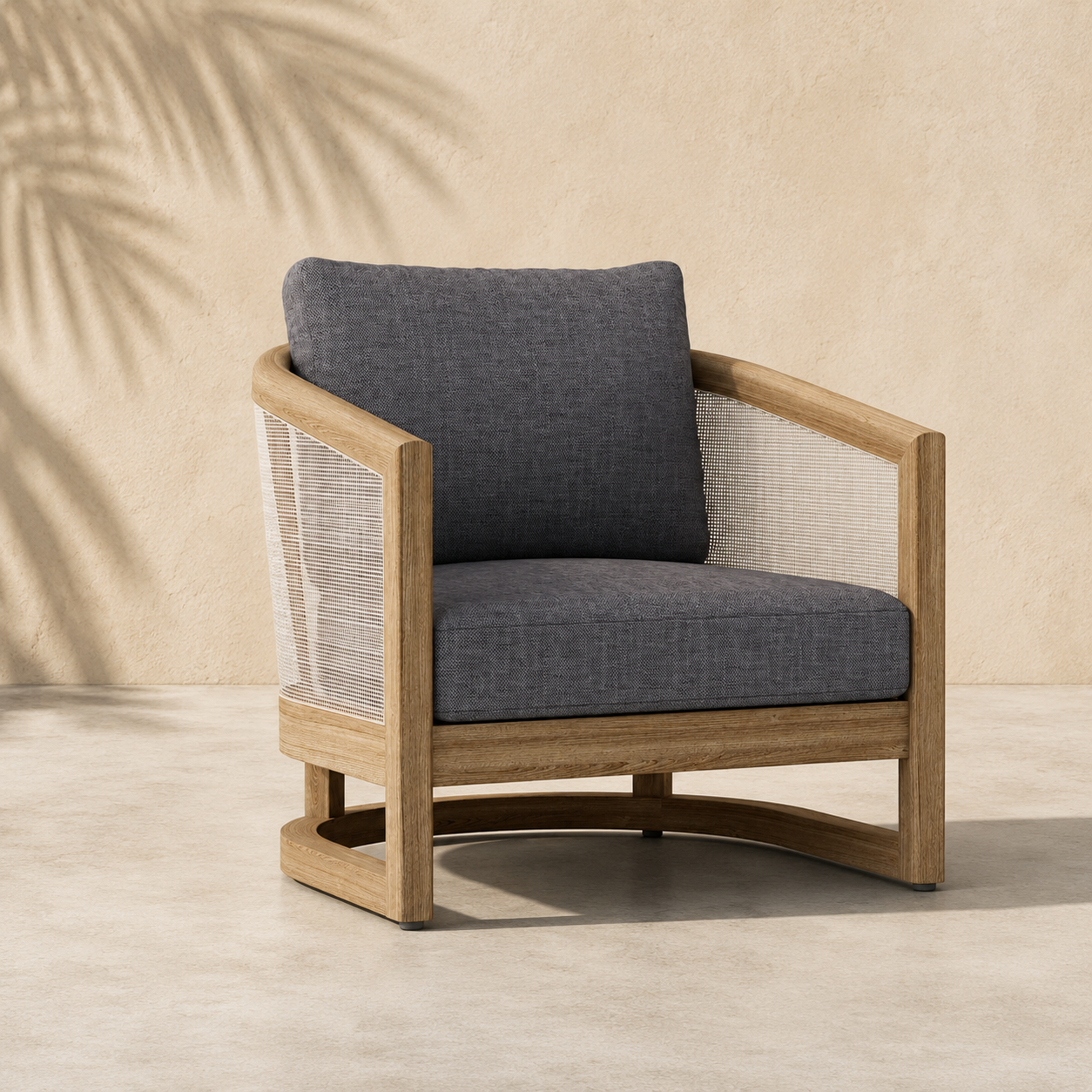 Chair with gray cushion and wooden frame against a beige wall