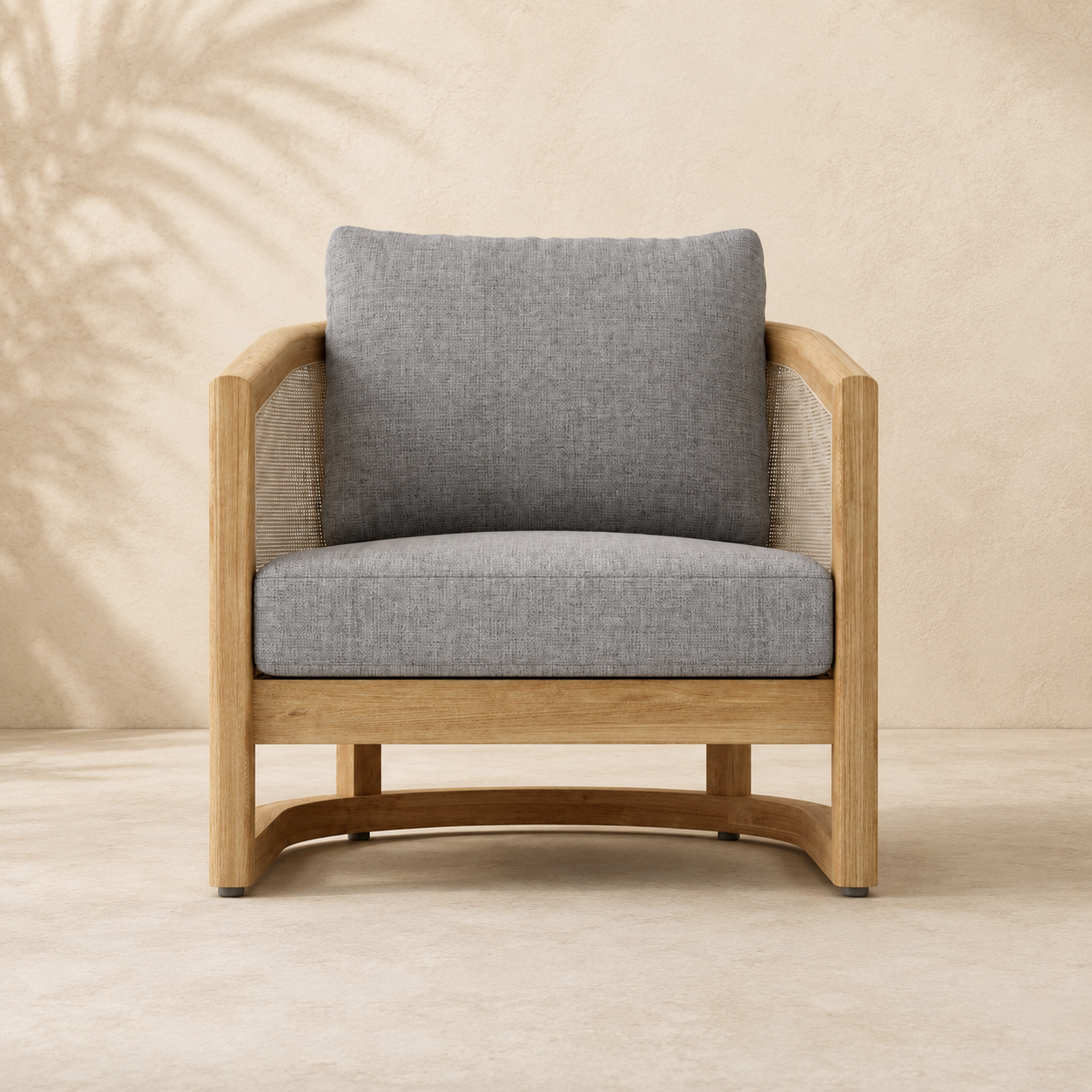 Chair with gray cushion and wooden frame on a beige background