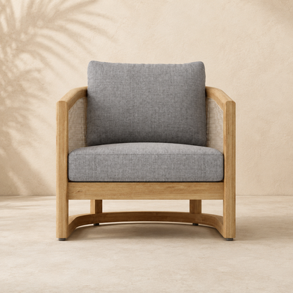 Chair with gray cushion and wooden frame on a beige background
