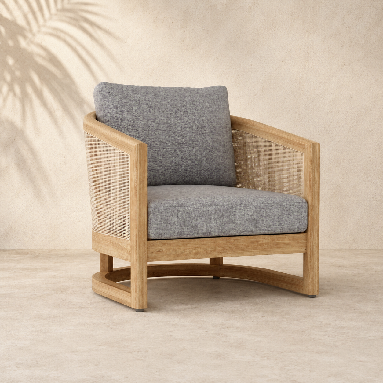 Wooden armchair with gray cushions on a neutral background