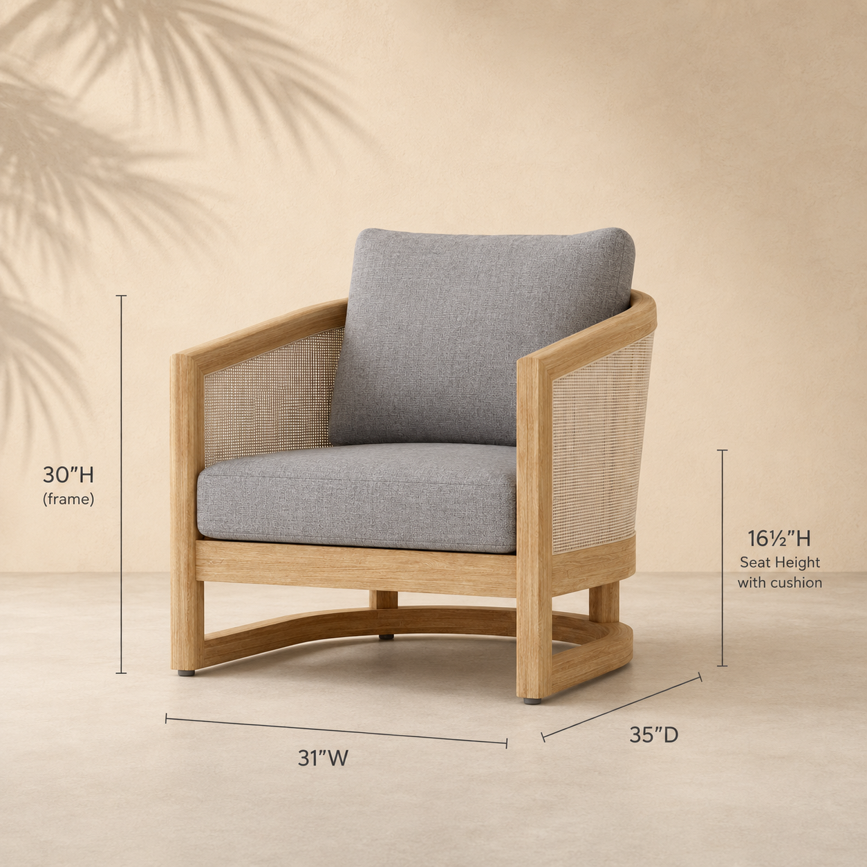 Wooden armchair with gray cushion and dimensions on a beige background