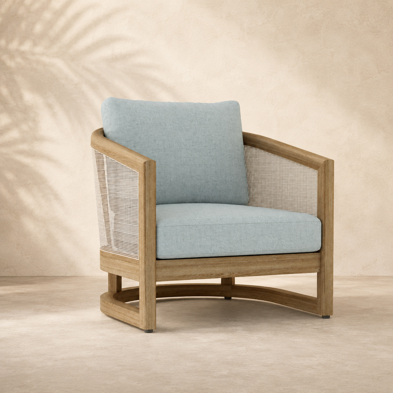 Chair with light blue cushion and wooden frame on a neutral background