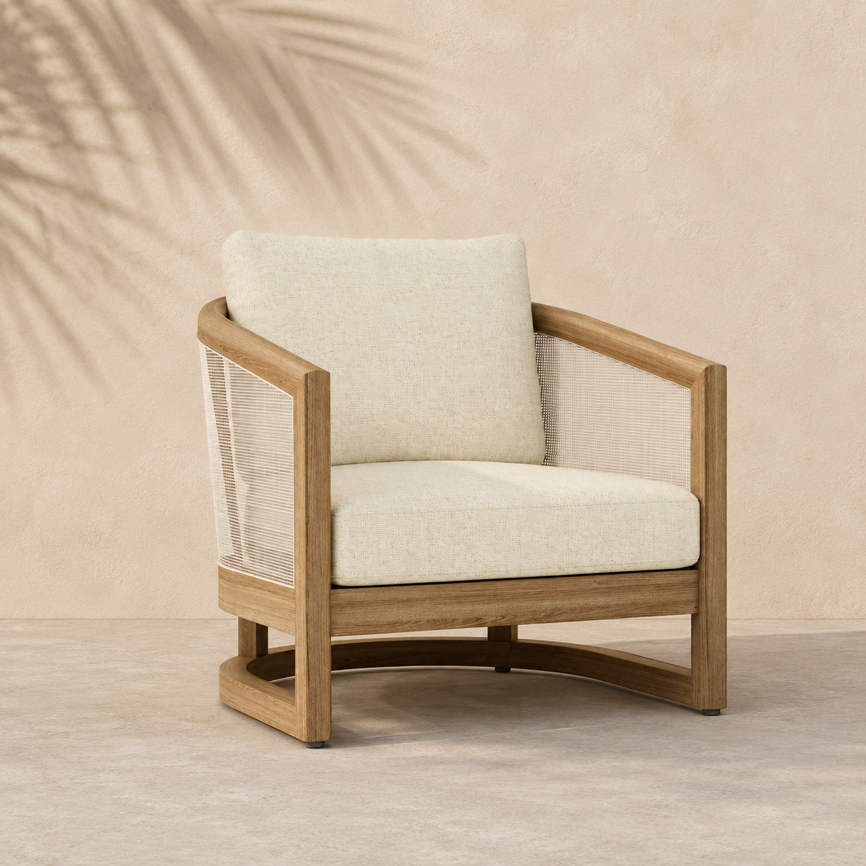 Beige armchair with wooden frame on a neutral background