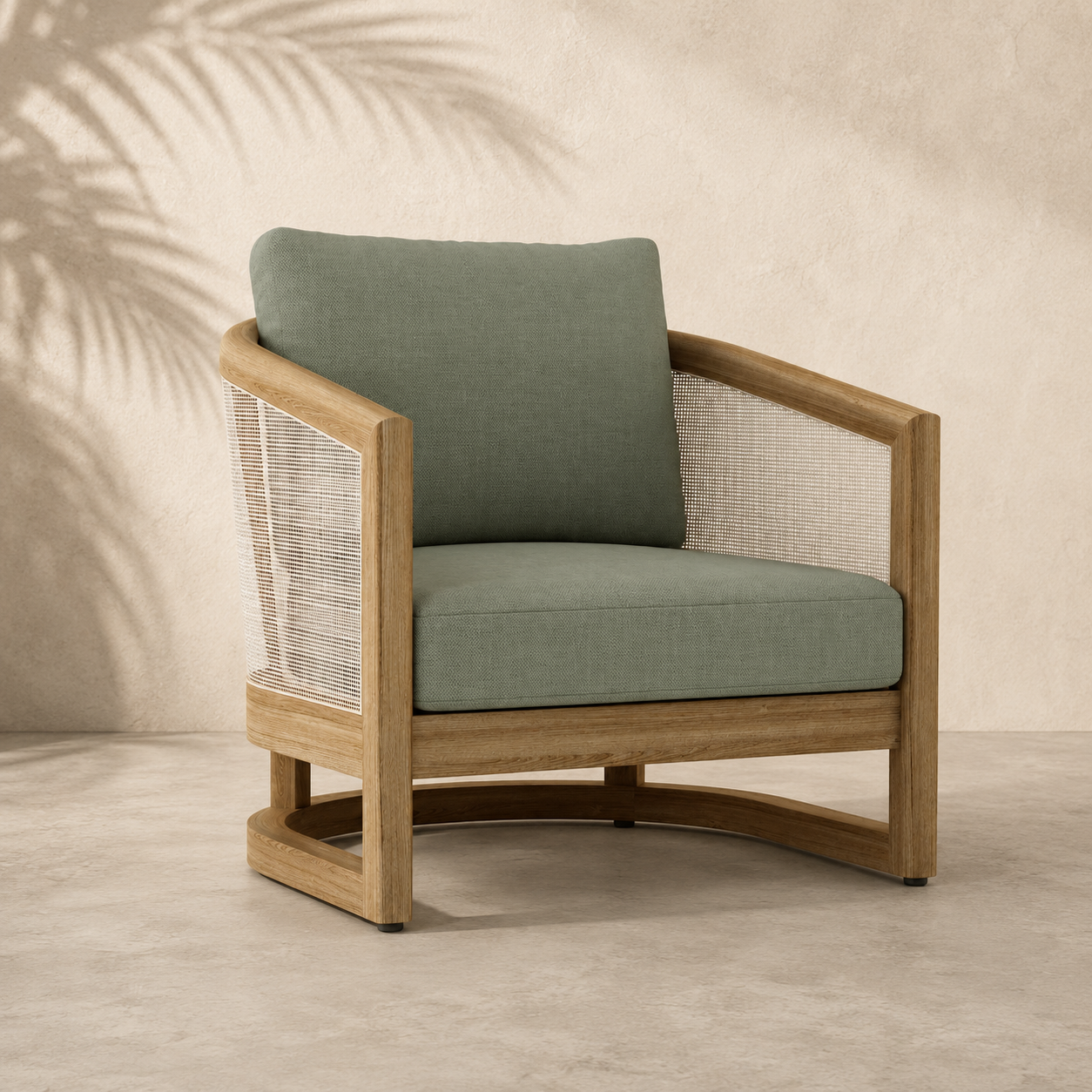Wooden armchair with green cushions on a neutral background