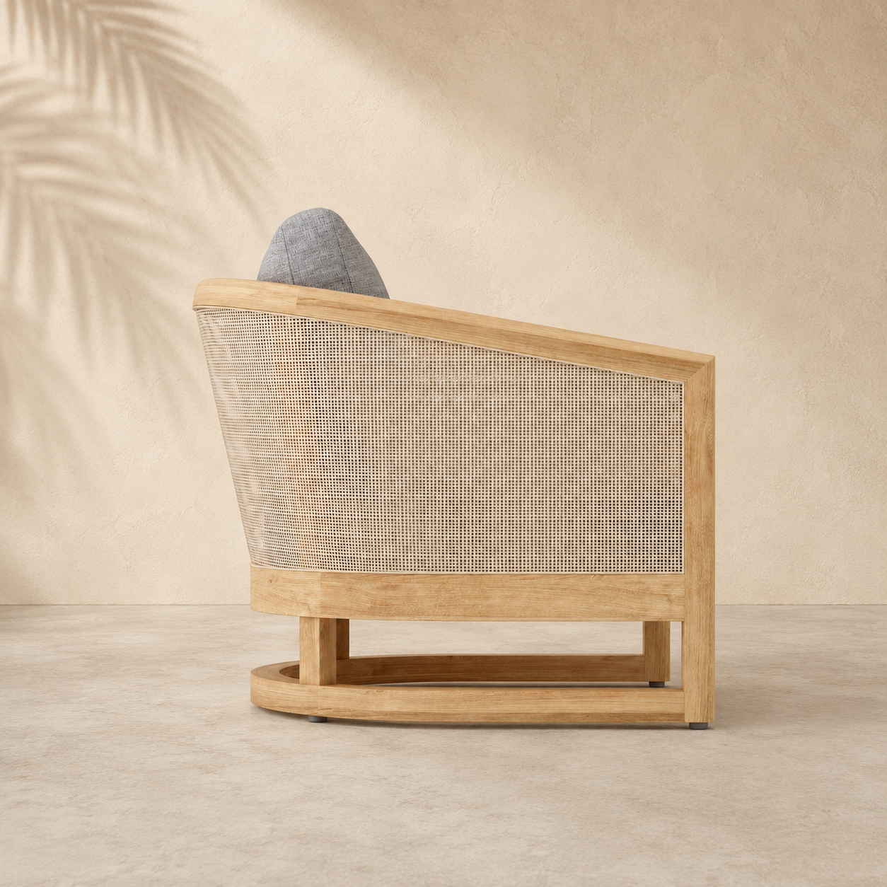 Wooden armchair with woven backrest on a neutral background