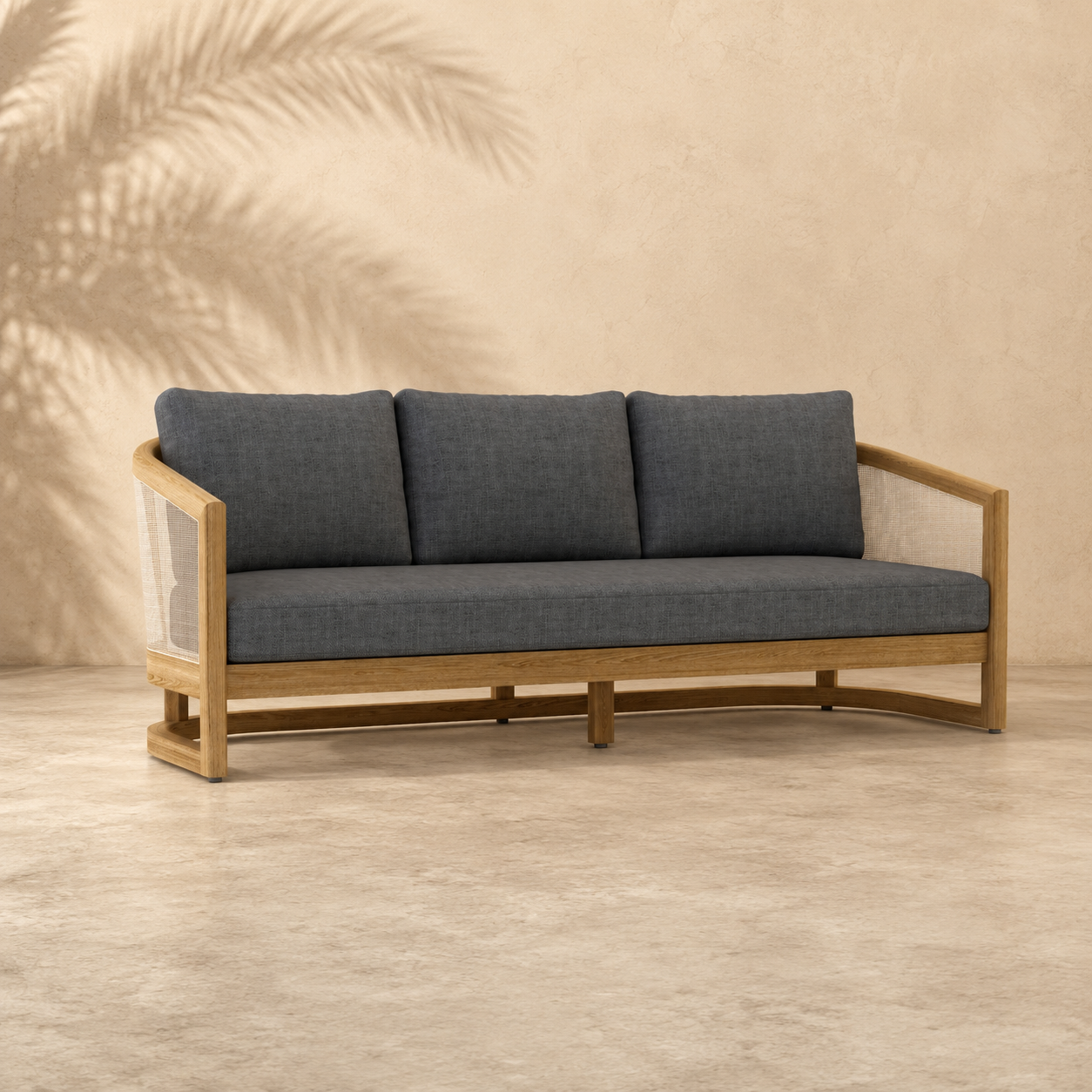 Gray sofa with wooden frame on a beige background
