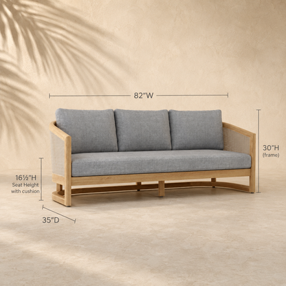 Gray sofa with wooden frame and measurements on a beige background