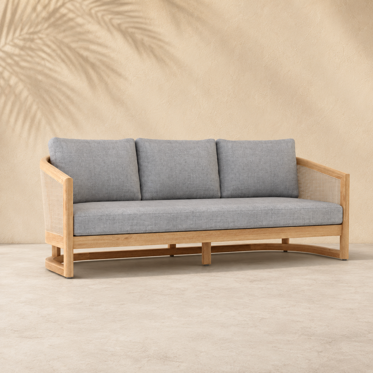 Gray sofa with wooden frame on a beige background