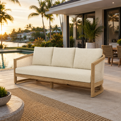 Beige outdoor sofa on a patio with a scenic background