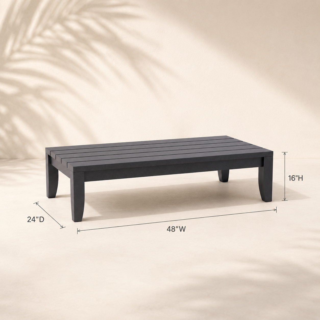 Gray outdoor coffee table with dimensions on a beige background