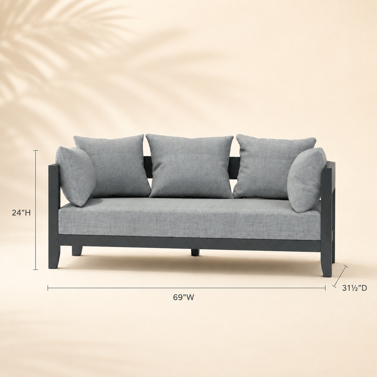 Gray sofa with cushions and dimensions on a beige background