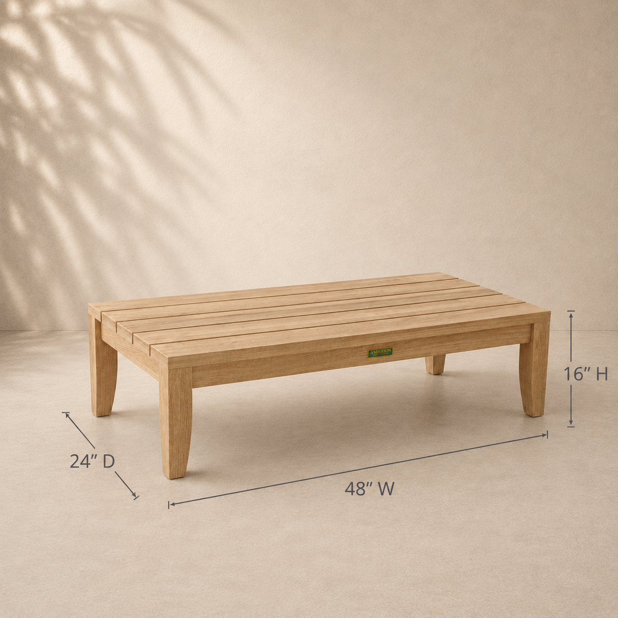 Wooden bench with dimensions on a beige background