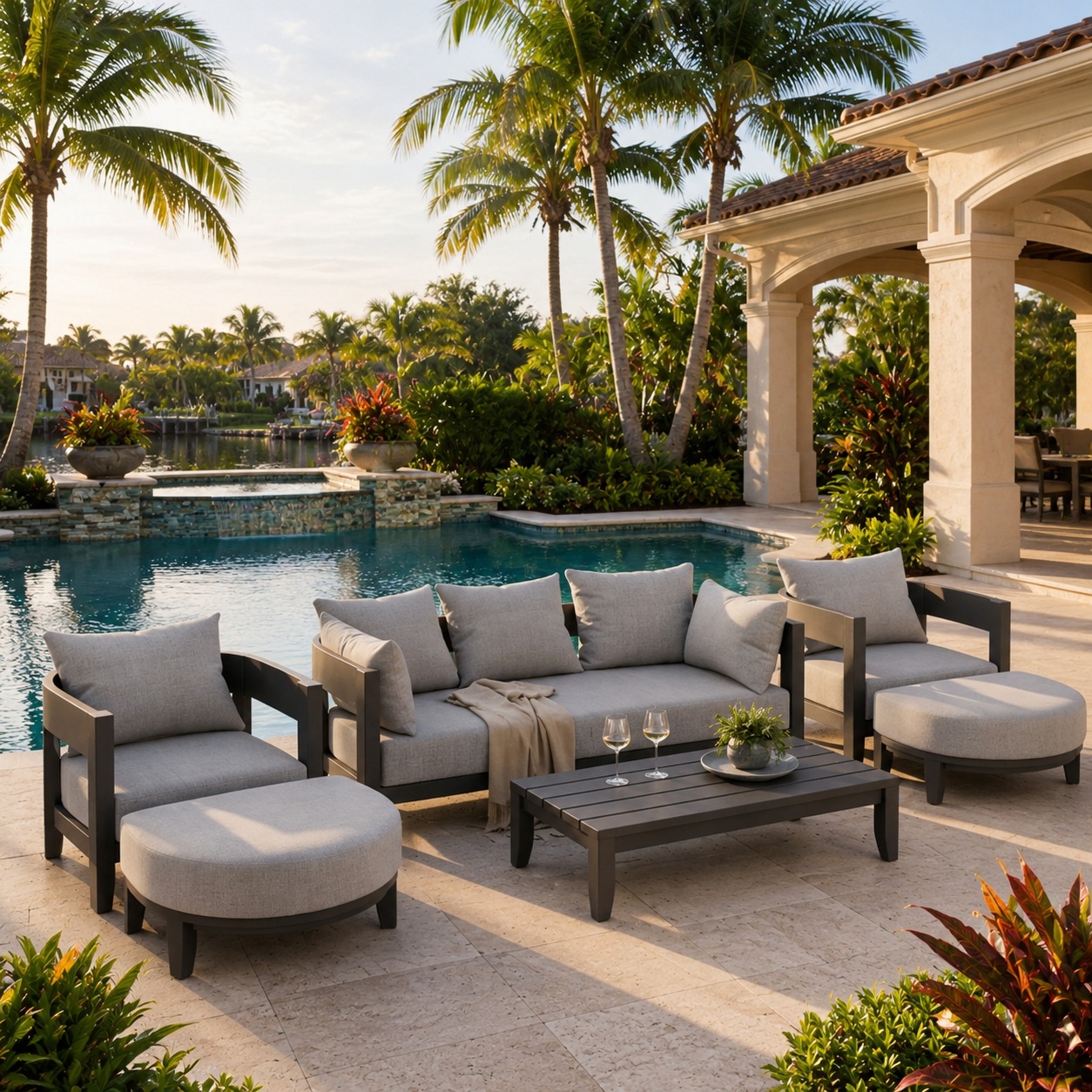Outdoor patio with gray cushions, a coffee table, and palm trees by a pool.