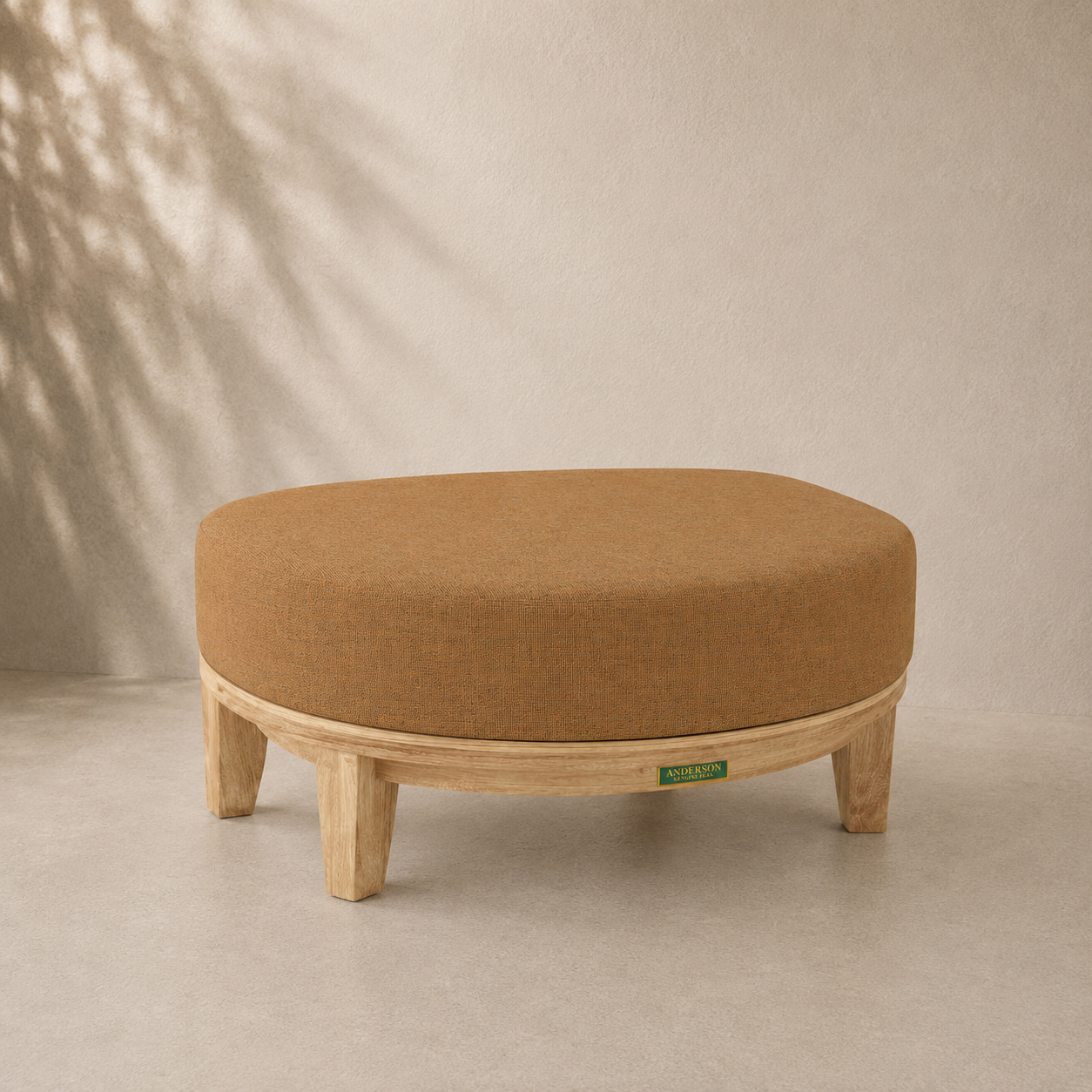 Brown ottoman with wooden legs on a beige background