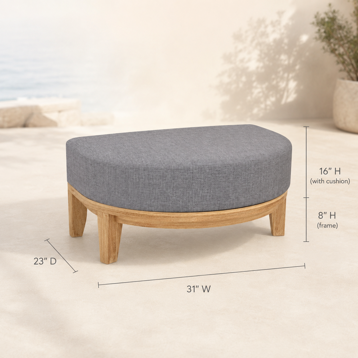 Oval-shaped ottoman with gray cushion and wooden frame, shown with measurements on a neutral background.