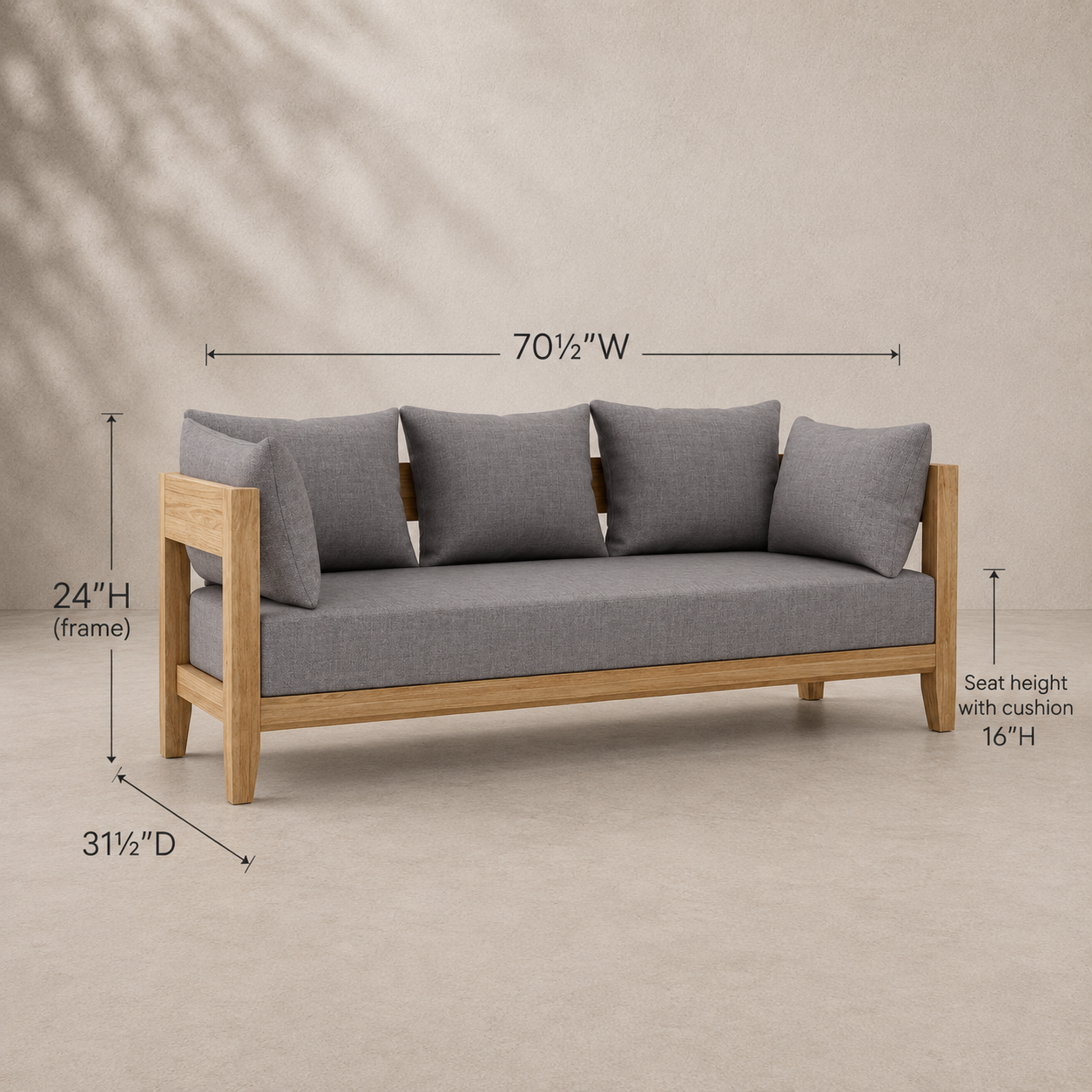 Sofa with gray cushions and wooden frame, shown with dimensions on a beige background