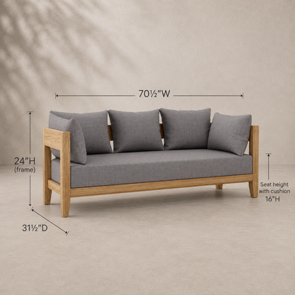 Sofa with gray cushions and wooden frame, shown with dimensions on a beige background