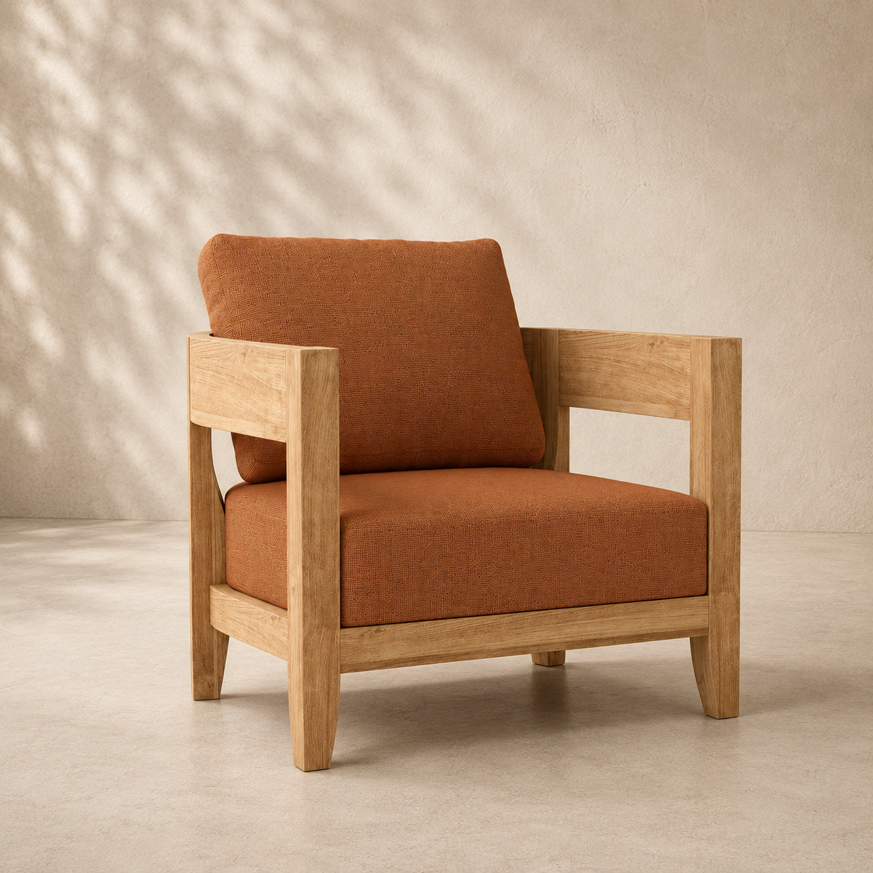 Brown armchair with wooden frame on a beige background
