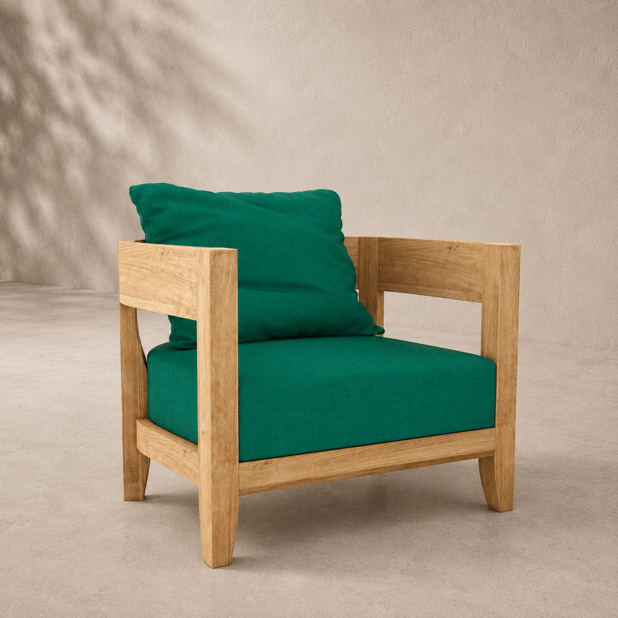 Wooden armchair with green cushions on a beige background