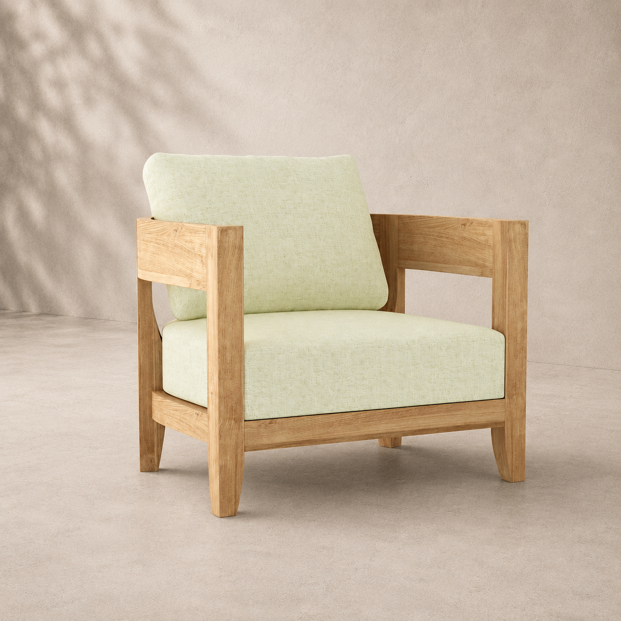 Wooden armchair with light green cushion on a beige background