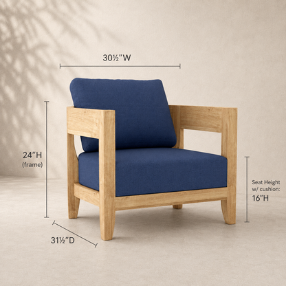 Wooden armchair with blue cushions and dimensions labeled on a beige background