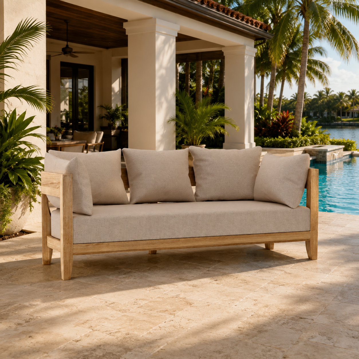 Beige outdoor sofa with cushions by a poolside in a tropical setting