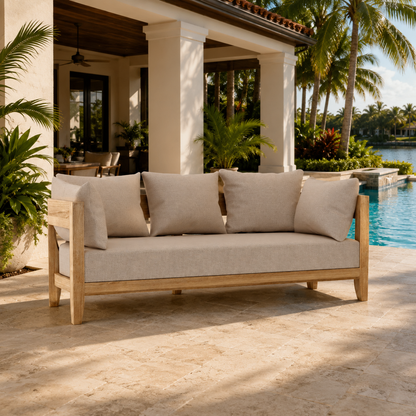Beige outdoor sofa with cushions by a poolside in a tropical setting