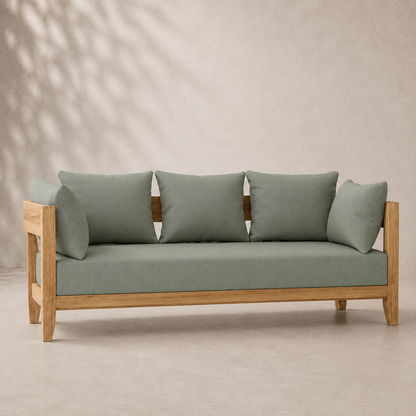 Sofa with wooden frame and green cushions on a beige background