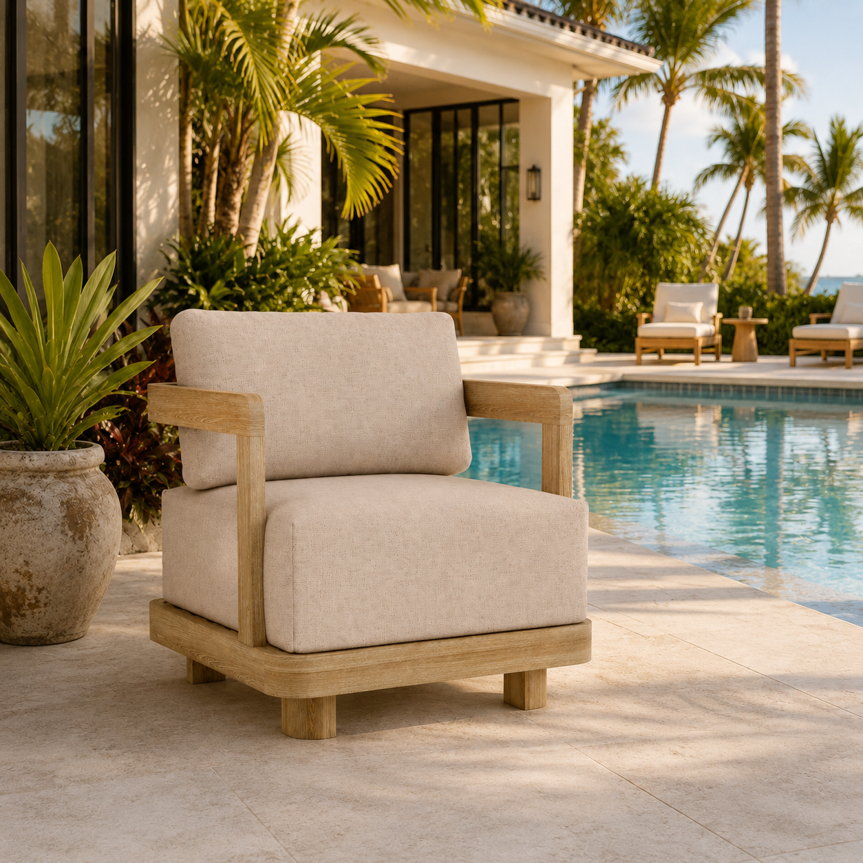 Beige outdoor chair with wooden frame by a poolside with palm trees in the background