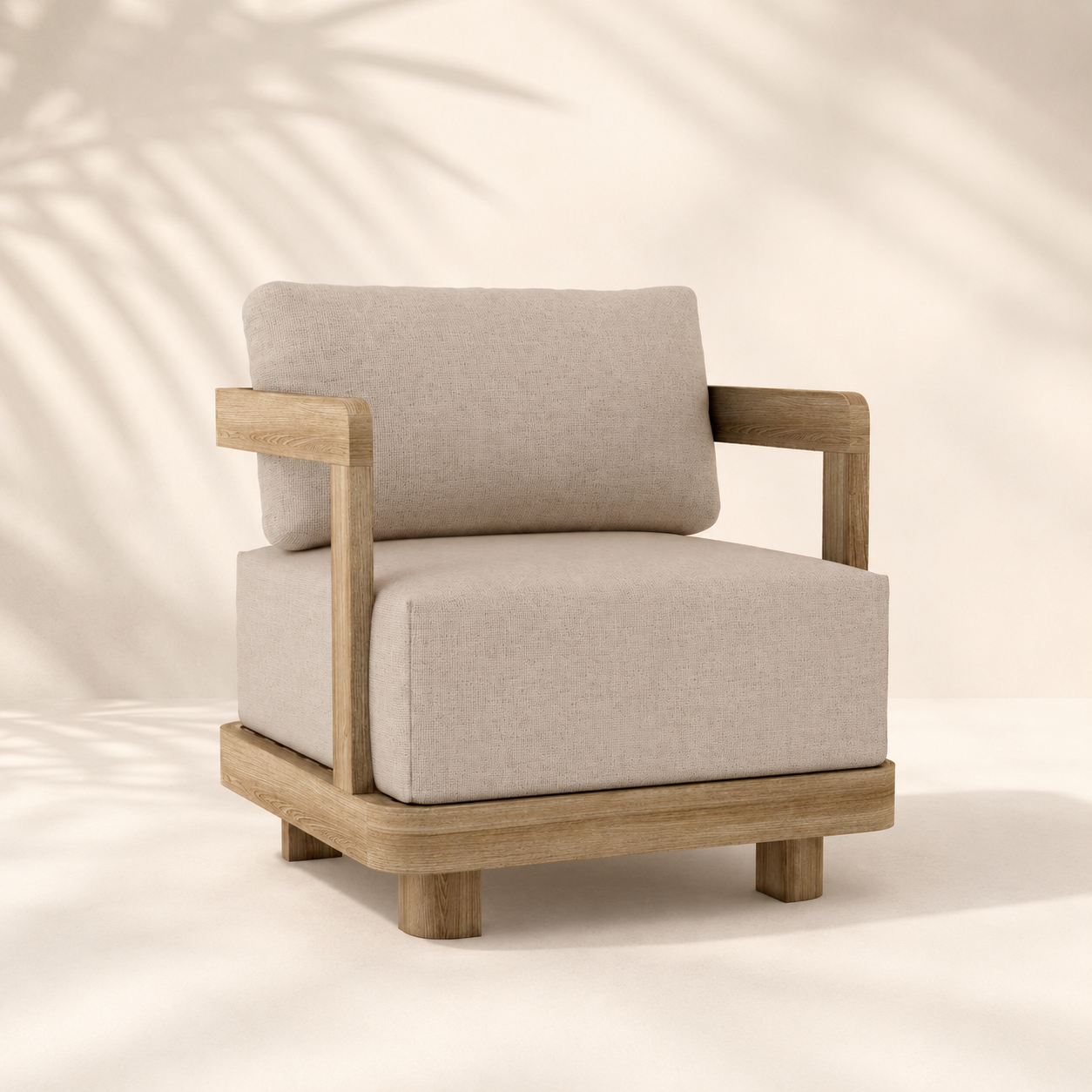 Beige armchair with wooden frame on a beige background