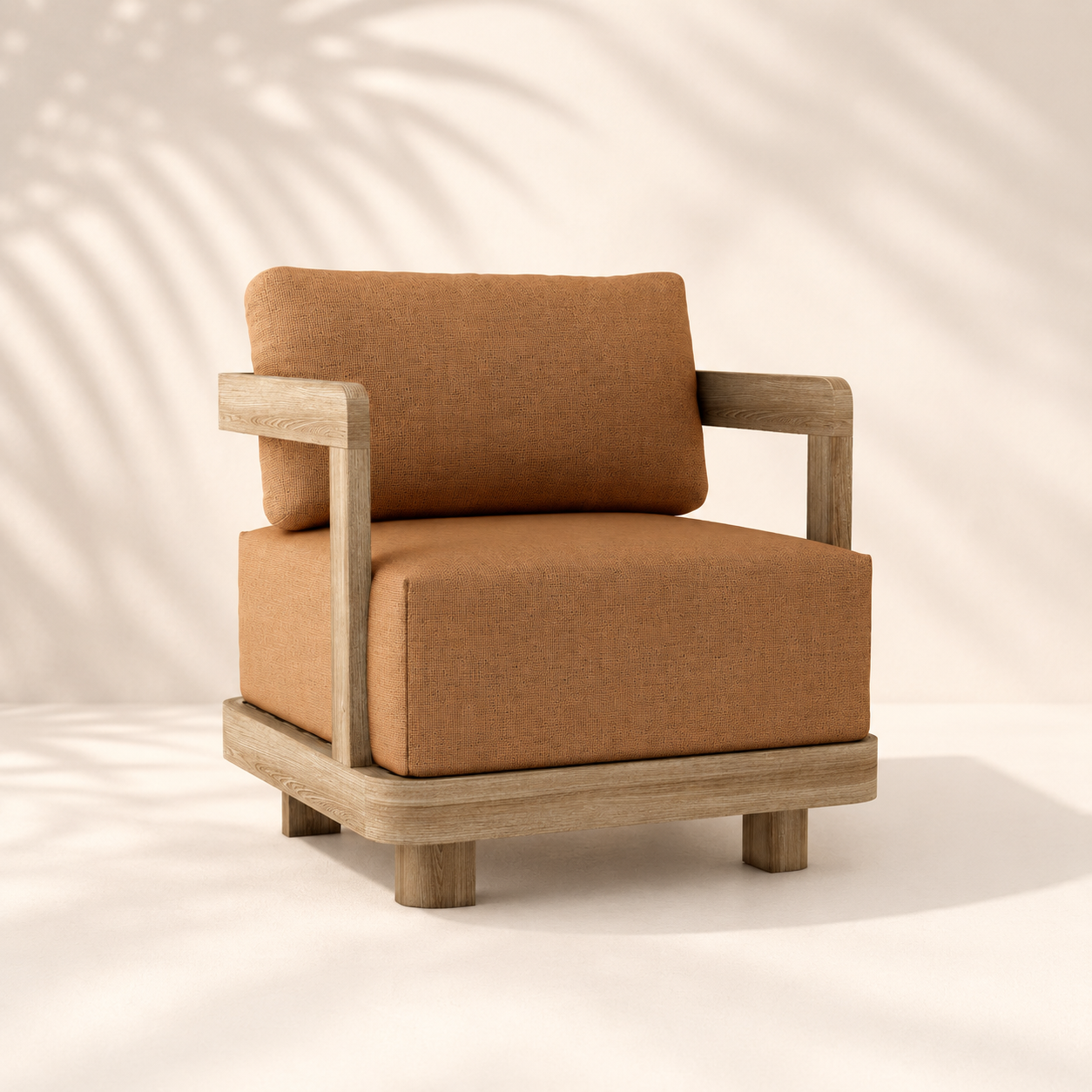 Brown armchair with wooden frame on a beige background