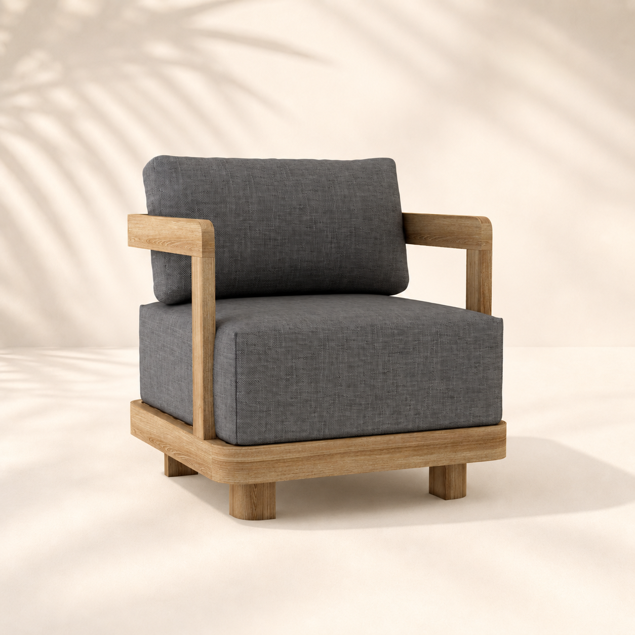 Gray cushioned armchair with wooden frame on a beige background
