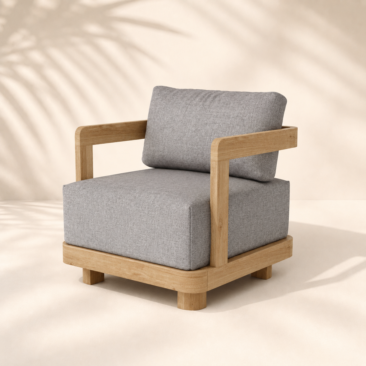 Gray cushioned armchair with wooden frame on a beige background