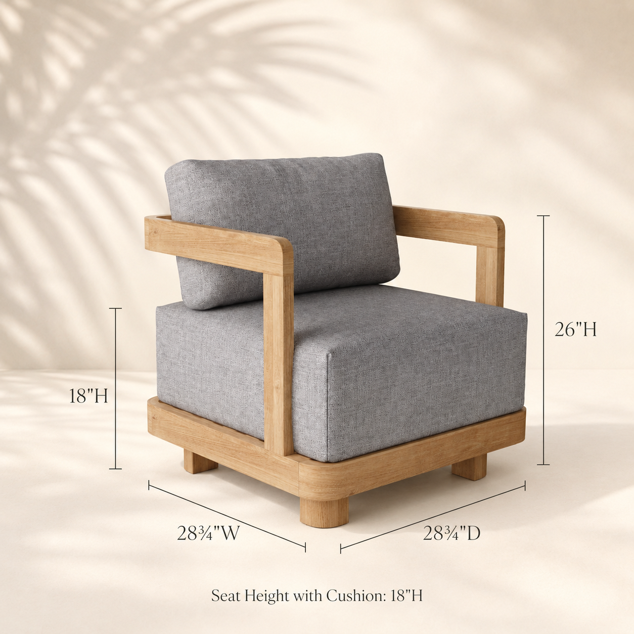 Gray cushioned chair with wooden frame and dimensions on a beige background