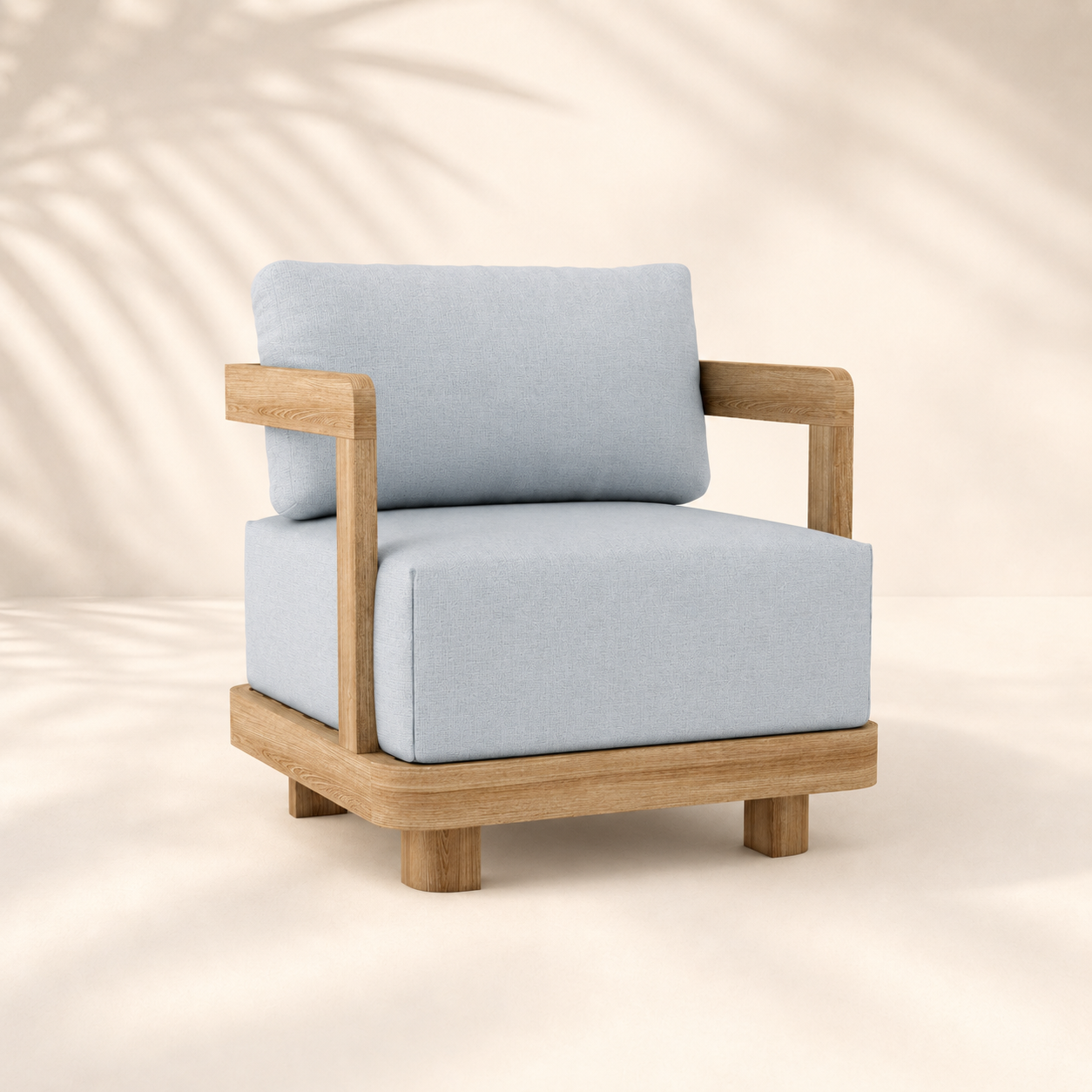 Chair with light blue cushions and wooden frame on a beige background