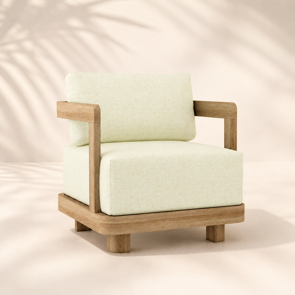 Modern armchair with light green cushions and wooden frame on a neutral background
