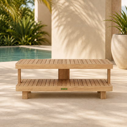 Wooden bench by a pool with plants in the background