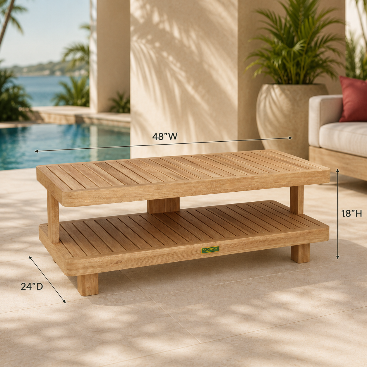 Wooden outdoor coffee table with dimensions labeled, set against a poolside background.