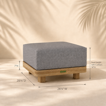 Gray cushioned ottoman with wooden base and dimensions on a beige background
