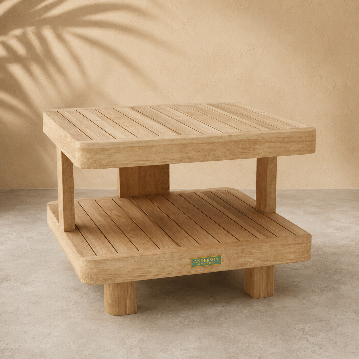 Wooden side table with a brand label on a beige background
