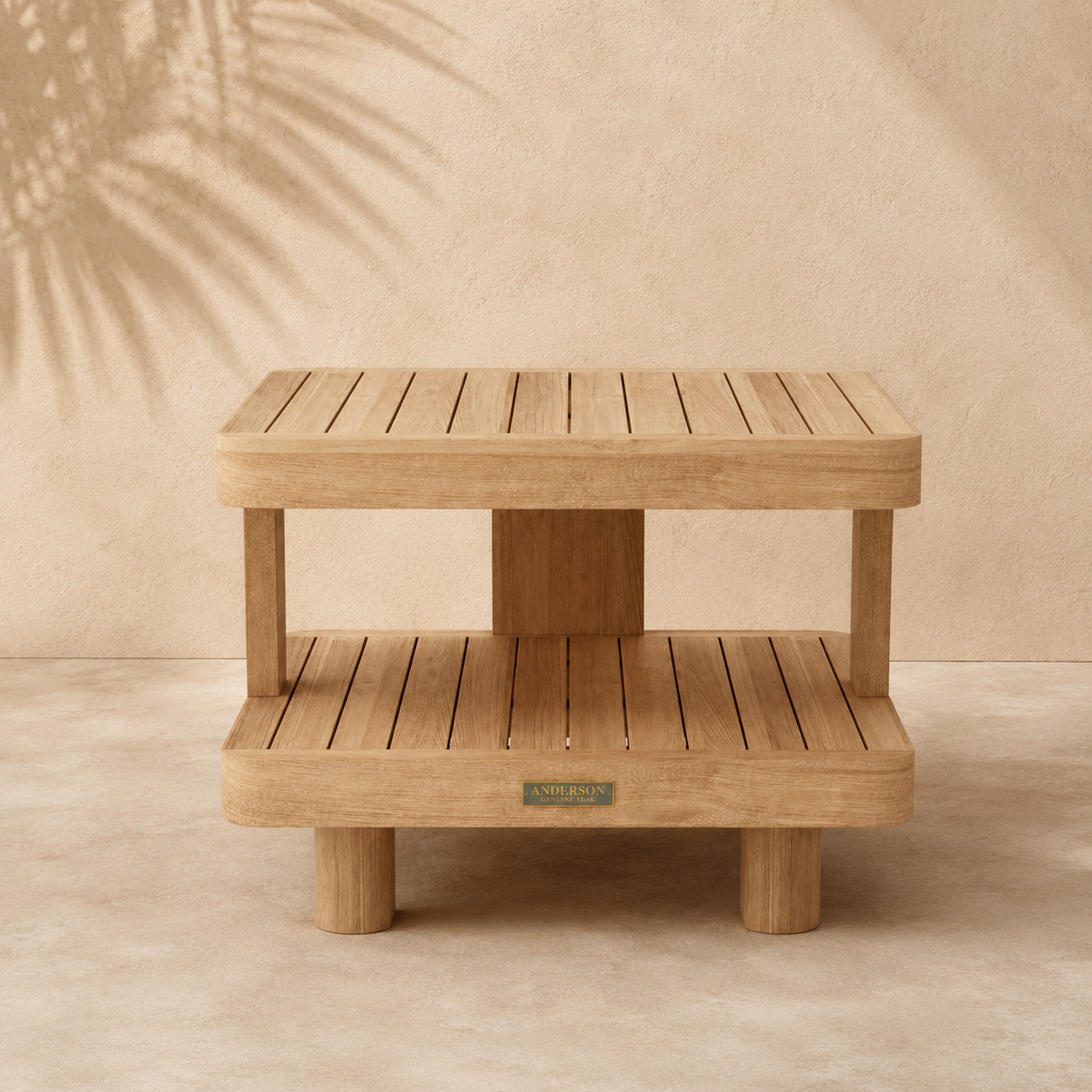 Wooden side table with a brand label on a beige background
