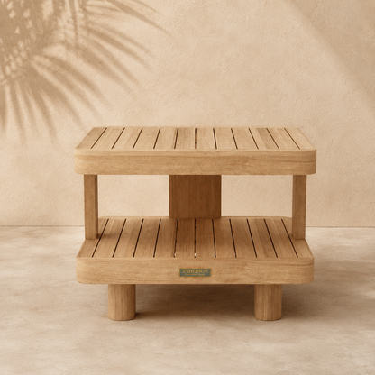 Wooden side table with a brand label on a beige background