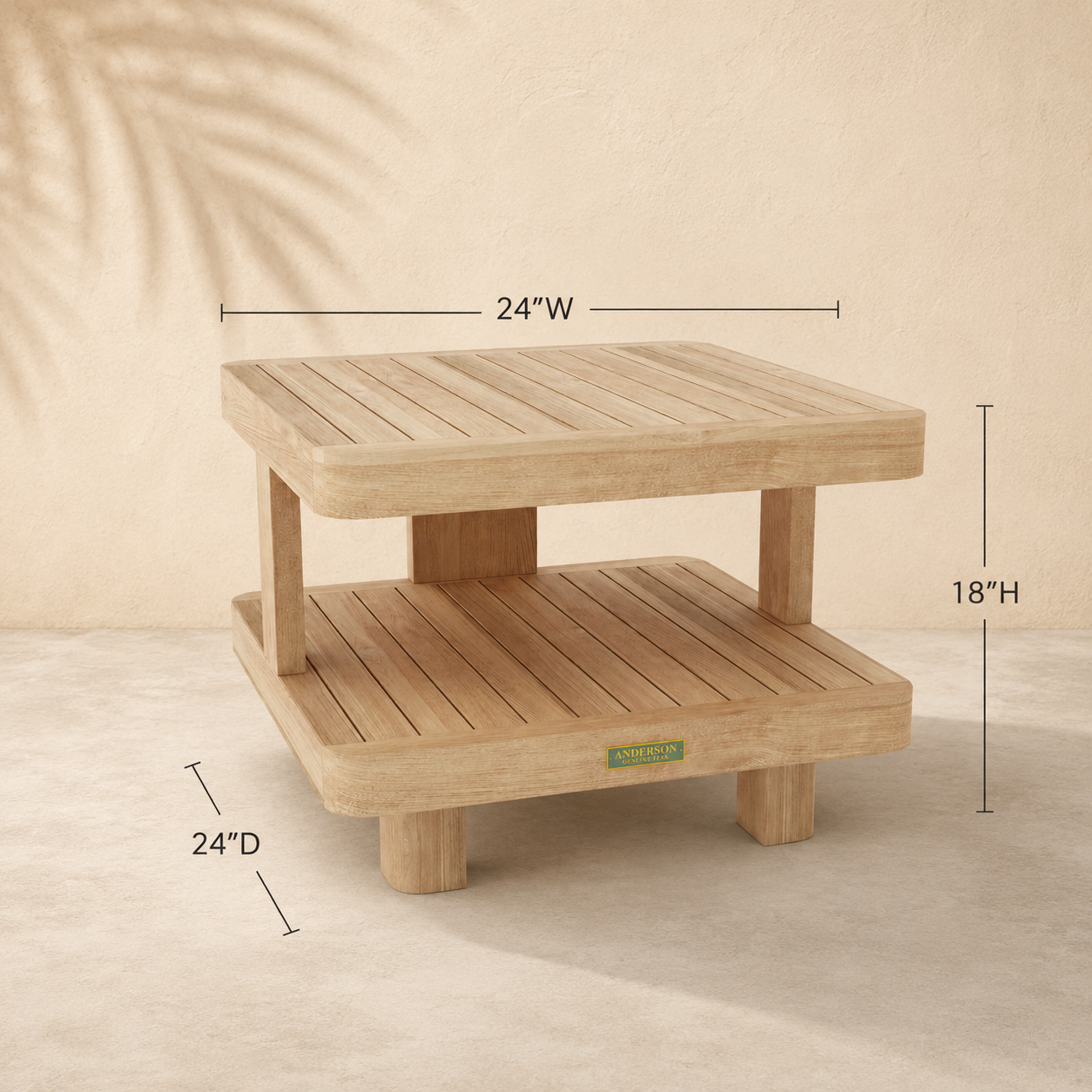 Wooden side table with dimensions labeled on a beige background