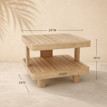 Wooden side table with dimensions labeled on a beige background