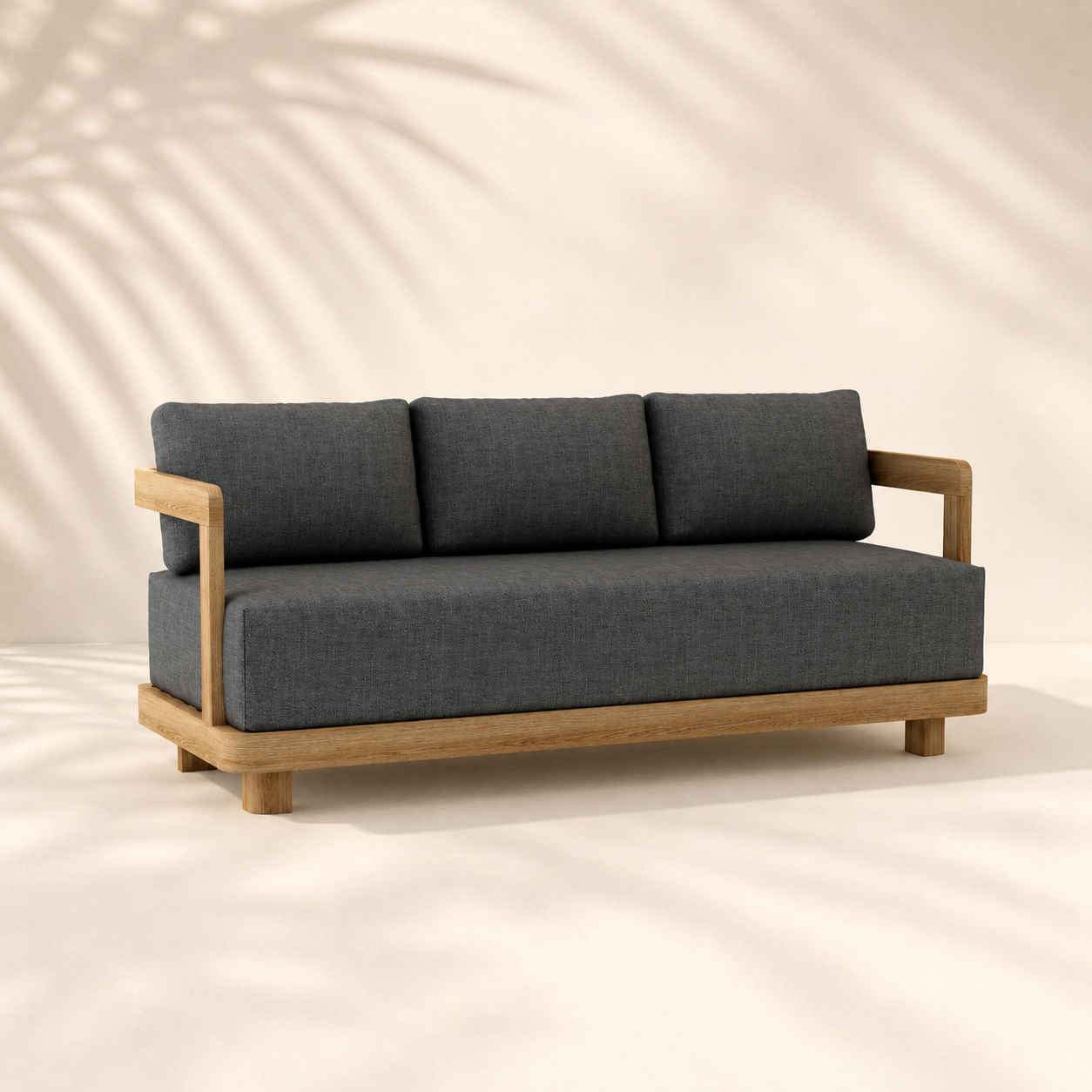 Gray sofa with wooden frame on a beige background