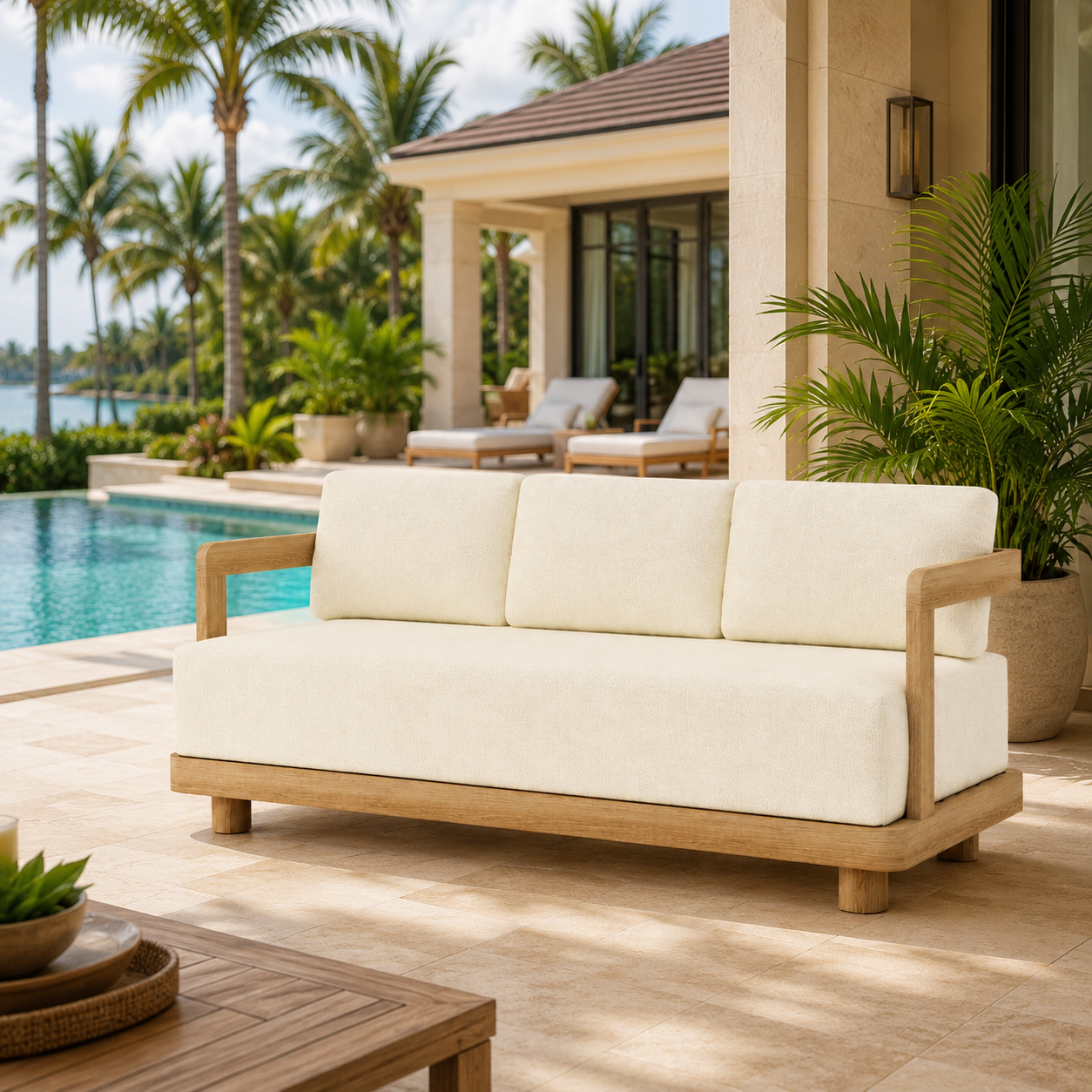 Outdoor sofa with white cushions on a patio by a pool with palm trees in the background
