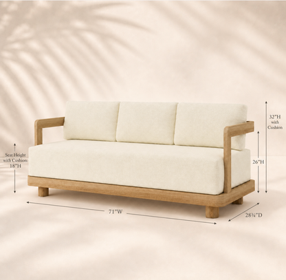 White sofa with wooden frame and measurements on a beige background